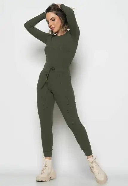 Conjunto  Comfy Com Blusa Manga Longa e Jogger Canelada Verde Salvatore Fashion