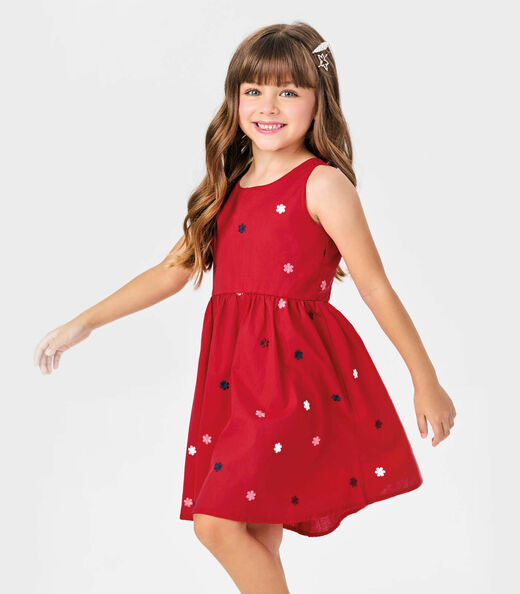 Vestido Tricoline Bordado Florzinhas Trick Nick Vermelho