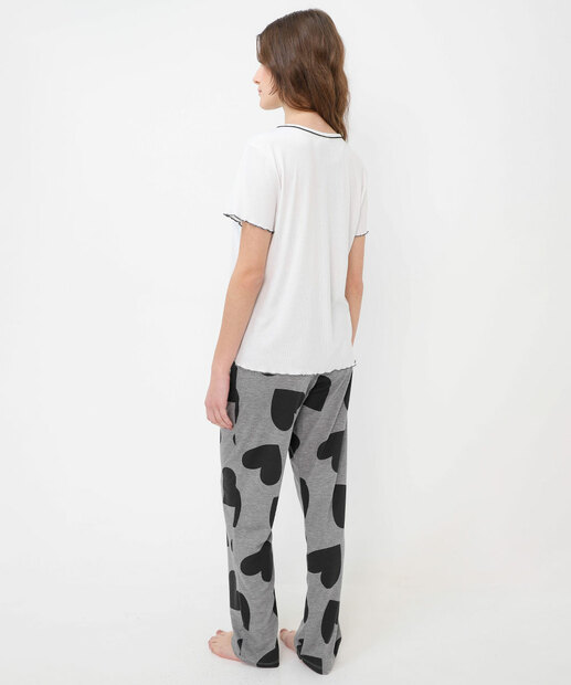 Pijama Feminino Estampado Manga Curta Marisa Off White