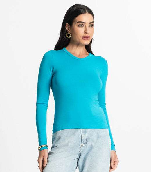 Blusa Manga Longa Decote V Básica Select Azul