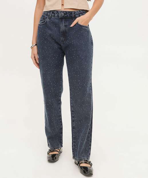Calça Jeans Reta Feminina Strass Sawary