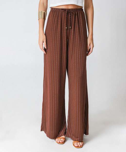 Calça Pantalona Feminina Listrada Marisa Marrom