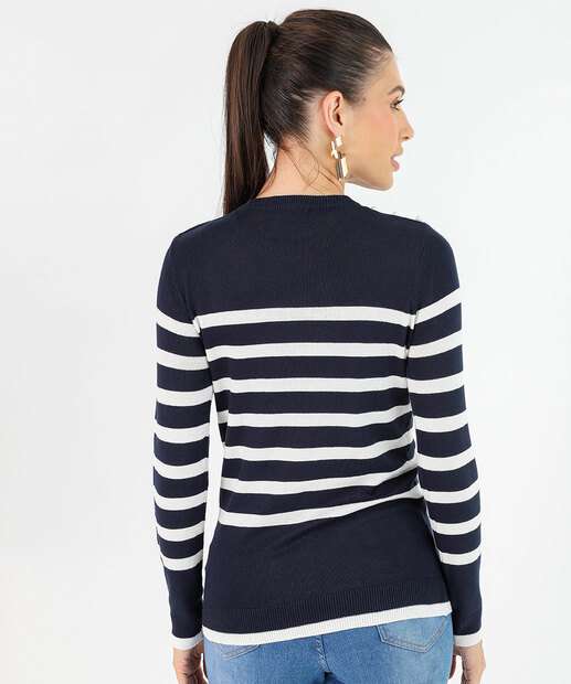 Suéter Feminino Tricô Listrado Pérolas Marisa Azul