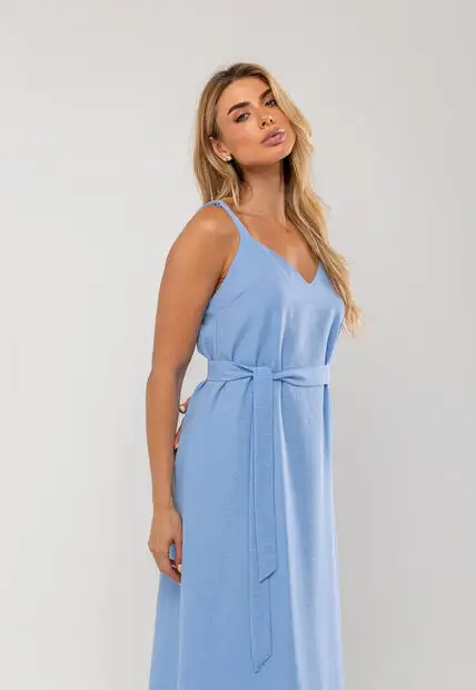 Vestido Longo Com Faixa Na Cintura Azul Salvatore