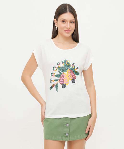 Blusa Feminina Estampa Tropical Manga Curta Marisa