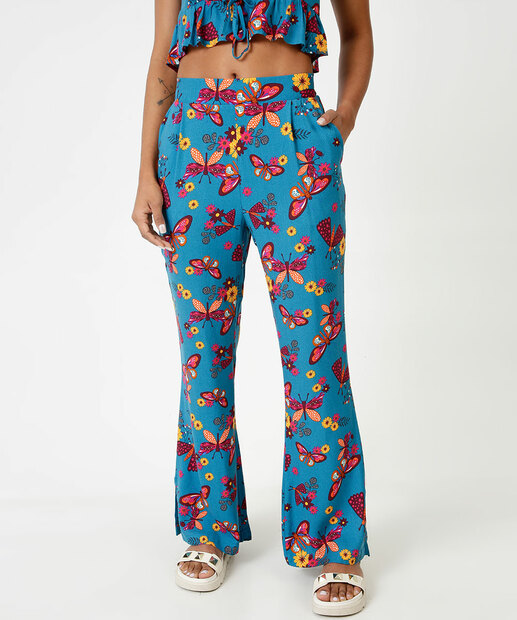 Calça Feminina Flare Borboletas Fenda Marisa