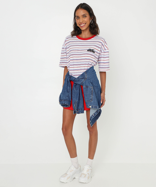 Blusa Feminina Listrada Manga Curta Snoopy Branco