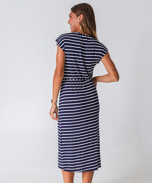 Vestido Midi Feminino Listrado Manga Curta Marisa Azul