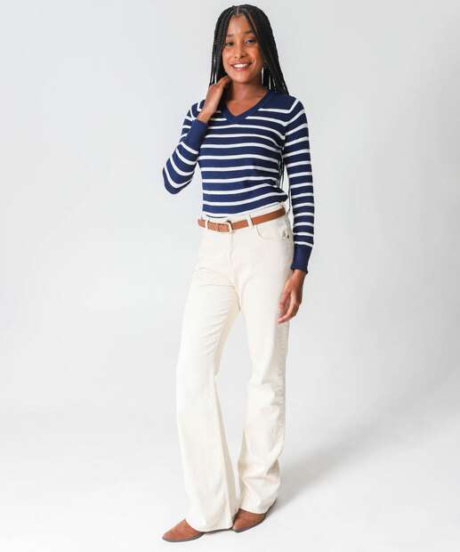 Suéter Feminino Listrado Gola V Marisa Azul