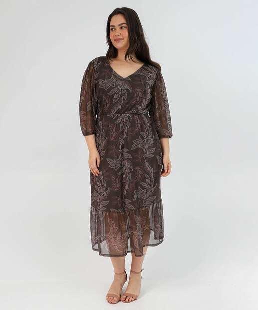 Vestido Plus Size Feminino Tule Estampado Marisa Verde