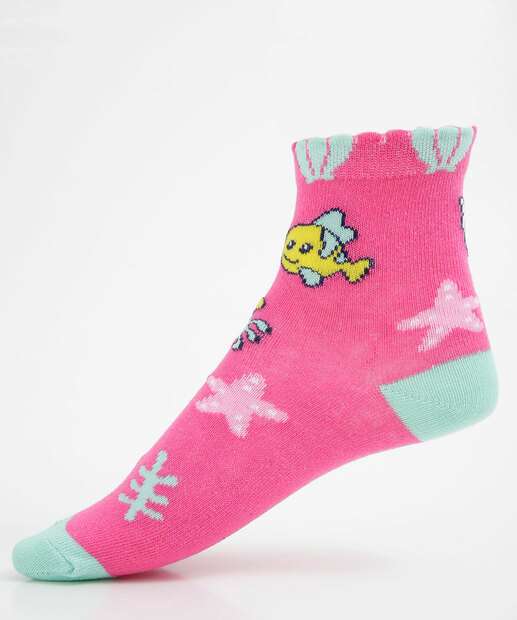 Kit 2 Pares Meias Infantil Soquete Estampa Sereia