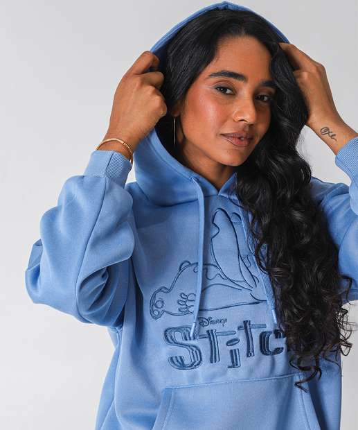 Blusão Feminino Moletom Bordado Stitch Azul