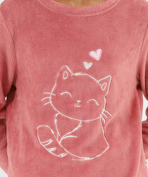 Pijama Feminino Plush Estampa Gato Manga Longa Marisa