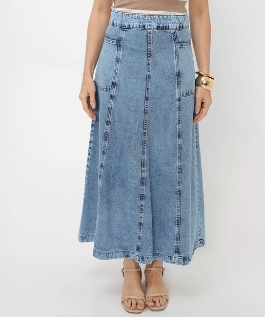 Saia Midi Jeans Evasê Feminina Bolsos Marisa Azul