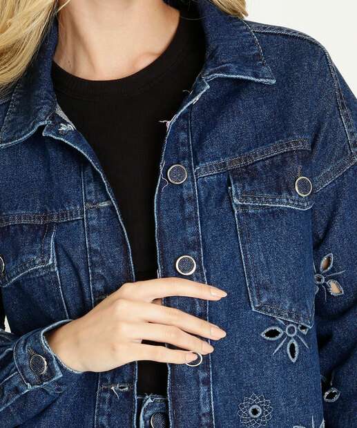 Jaqueta Feminina Jeans Vazado Bolso Disparate