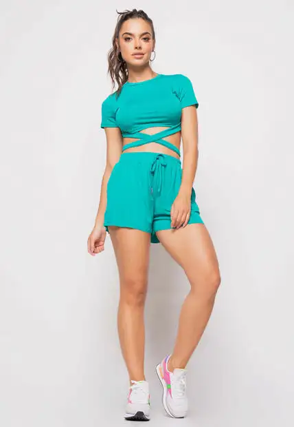 Cropped  Manga Curta Com Tiras Malha Verde