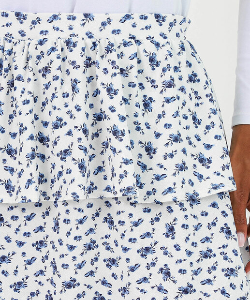 Saia de Babado Feminina Estampa Flores Marisa Off White