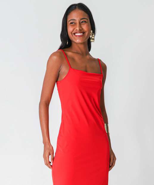 Vestido Midi Feminino Fenda Alças Finas Marisa Vermelho
