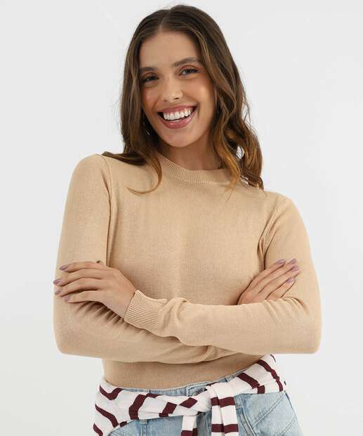 Image_Suéter Feminino Liso Gola Careca Marisa Bege