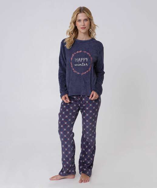 Pijama Feminino Plush Estampa Frase Manga Longa Marisa