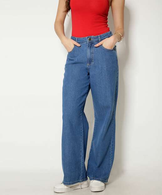 Calça Jeans Wide Leg Feminina Bolsos Marisa  