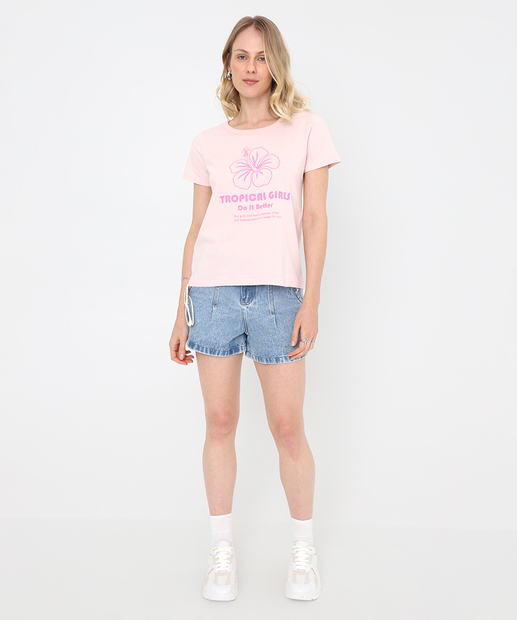 Camiseta Feminina Estampada Manga Curta Marisa Rosa