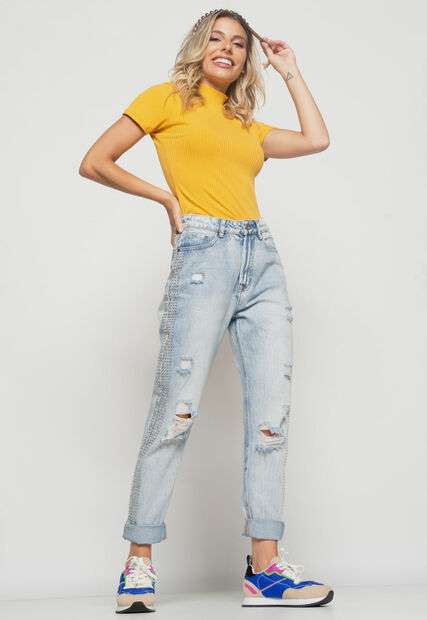 Blusa  Gola Alta Malha Canelada Mostarda