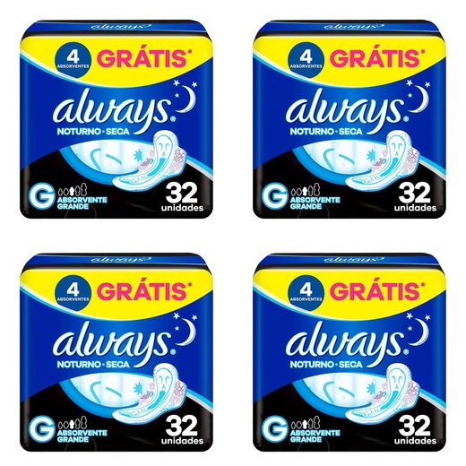 Image_Kit c/4 Absorventes Cobertura Seca Noturno Com Abas Always Simples c/32 Unidades