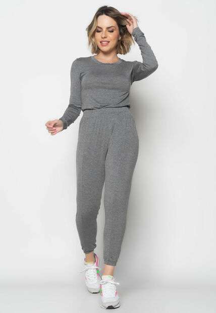 Conjunto  Comfy Com Blusa Manga Longa e Jogger Recorte Malha Grafite