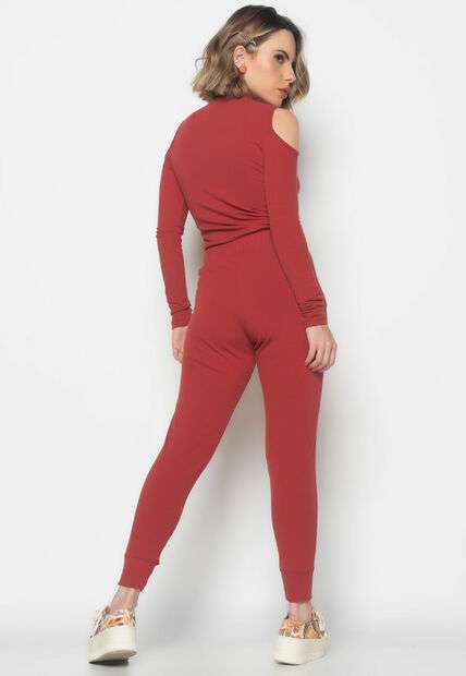 Conjunto Comfy Com Blusa Ombro Vazado M/L e Jogger Canelada Terracota Salvatore
