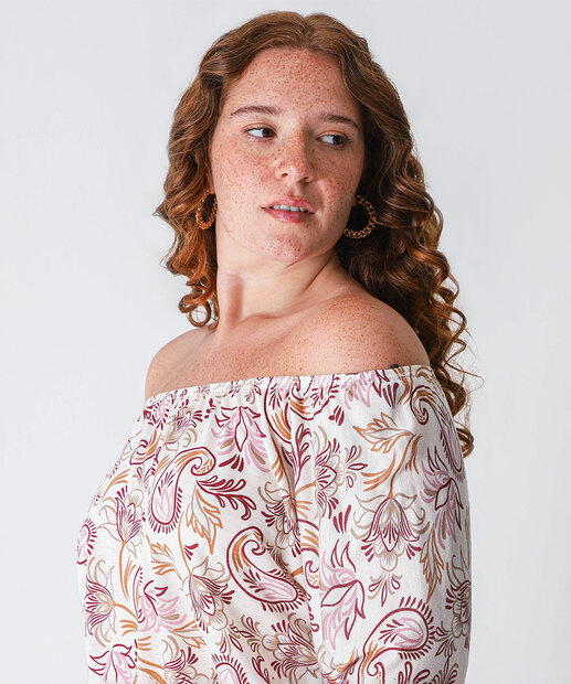 Blusa Ciganinha Plus Size Feminina Paisley Marisa Off White