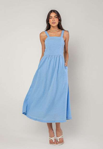 Vestido Alfaiataria Midi Com Alças Largas e Amarração Azul Salvatore