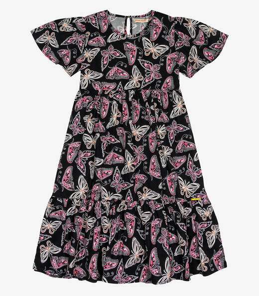 Vestido Midi Infantil Borboletas Trick Nick Preto