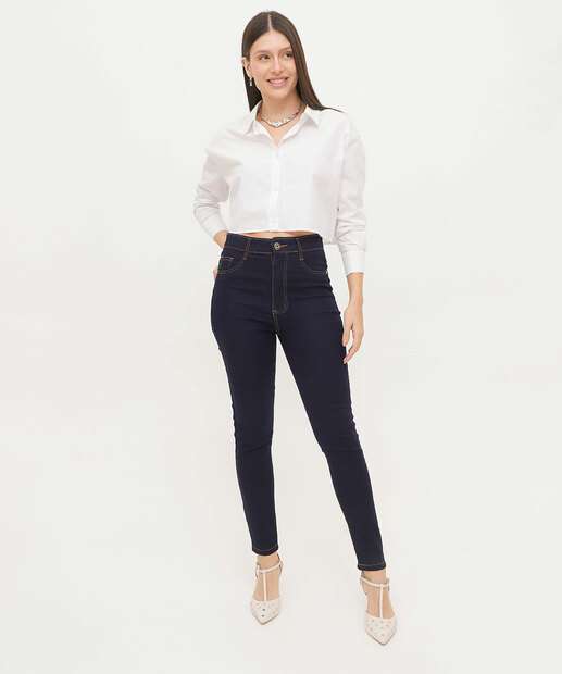 Calça Jeans Skinny Feminina Cintura Alta Bolsos