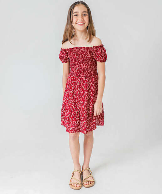 Vestido Juvenil Ciganinha Lastex Floral Marisa Tam 10 a 16 Vermelho