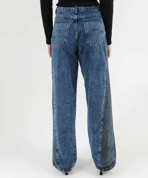 Calça Jeans Wide Leg Bicolor Feminina Sawary Azul