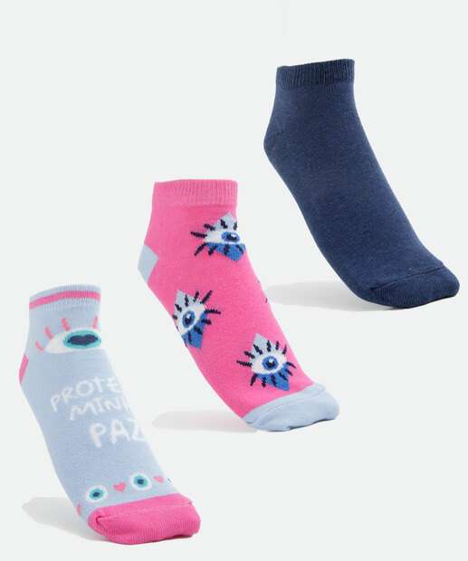 Kit 3 Pares Meias Soquete Feminina Estampa Olho Grego