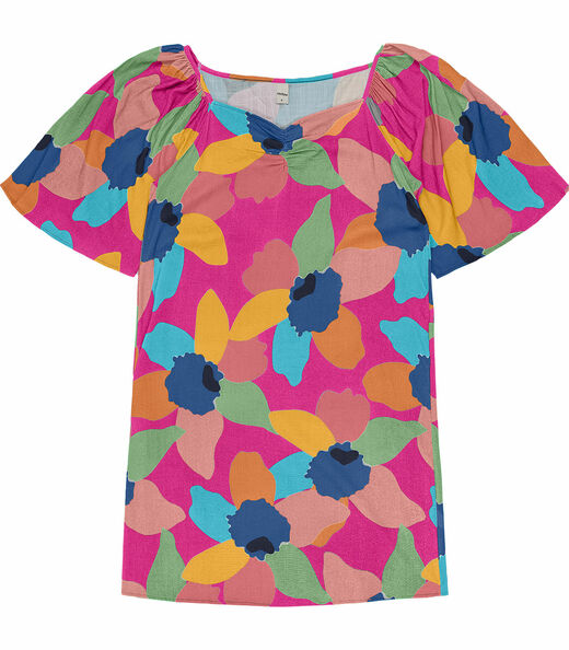 Vestido Com Manga Bufante Flores Rovitex Rosa