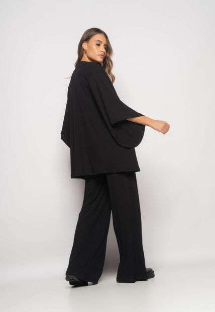 Conjunto Com Kimono, Cropped e Wide Leg Canelado Preto Salvatore