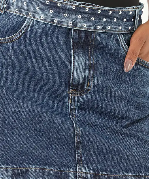 Saia Jeans Feminina Bolsos Cinto Tachas Azul