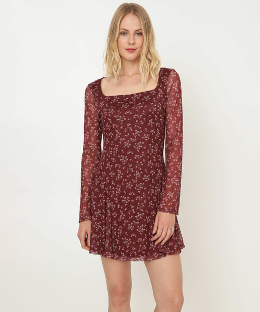 Vestido Curto Feminino Tule Flores Manga Longa Marisa Vinho