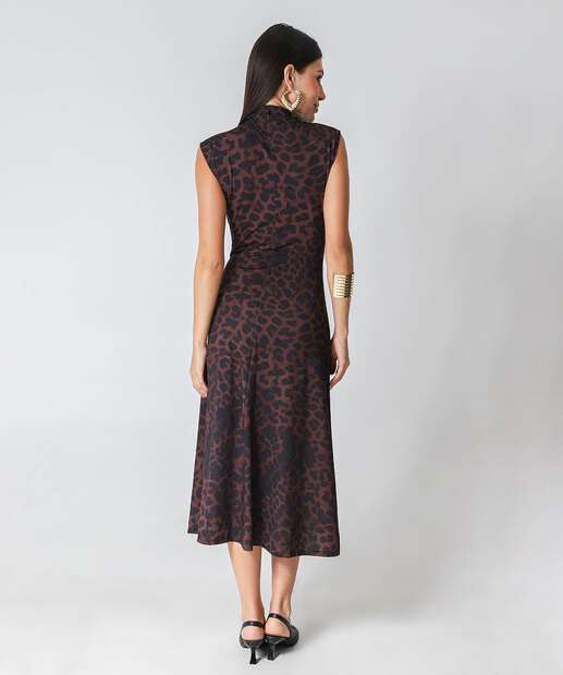 Vestido Midi Feminino Animal Print Marisa Marrom