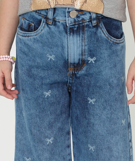 Calça Jeans Wide Leg Laço Infantil Tam 4 a 10 Azul