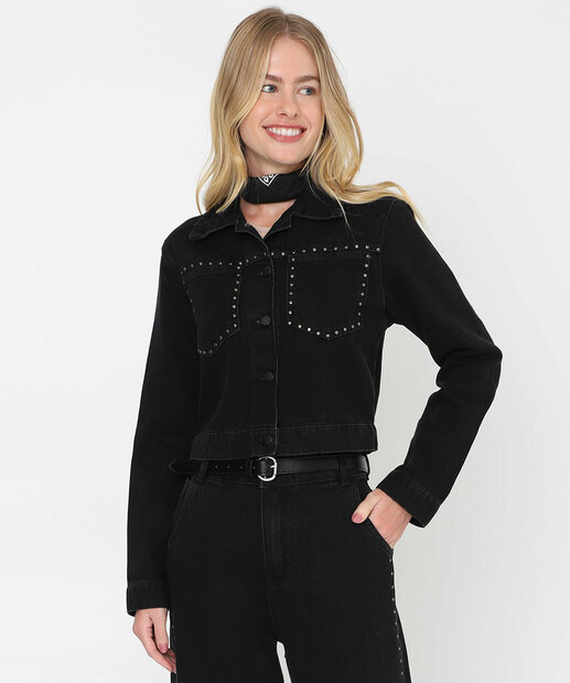 Image_Jaqueta Feminina Jeans Bolsos Tachas Preto