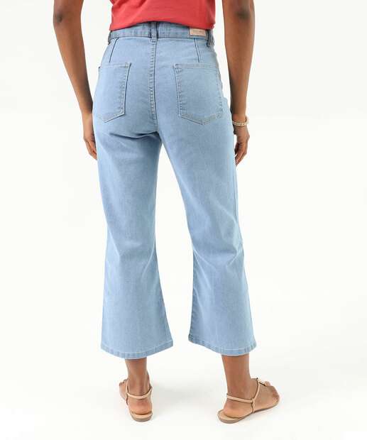 Calça Jeans Reta Feminina Bolsos Azul