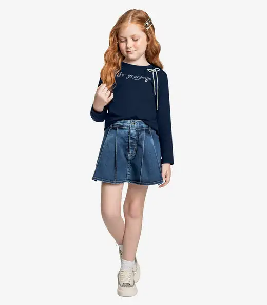 Conjunto Blusa Com Shorts Saia Jeans Trick Nick Azul