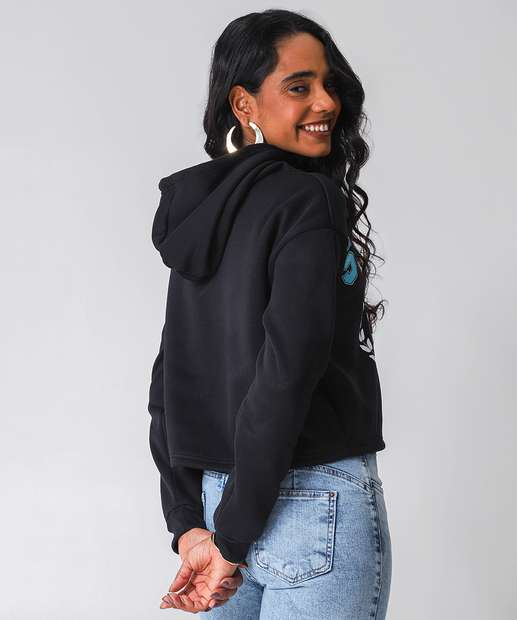 Blusão Feminino Cropped Moletom Stitch Preto