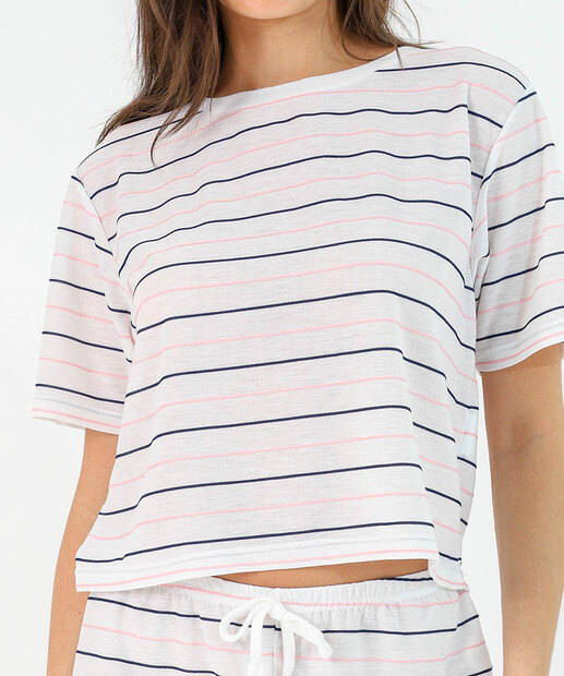 Pijama Feminino Listrado Marisa Off White