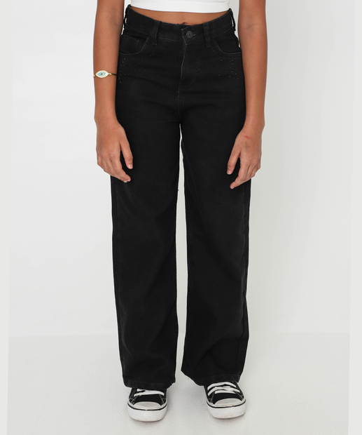 Calça Juvenil Jeans Wide Leg Strass Tam 10 a 16 Preto