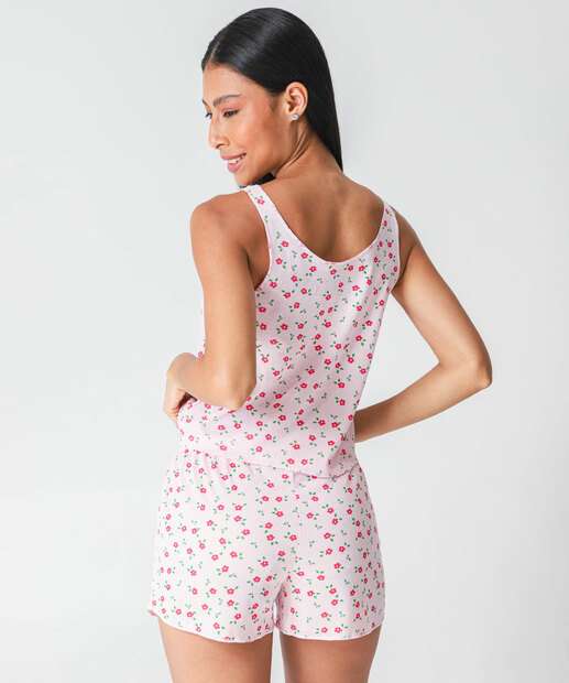 Pijama Feminino Canelado Flores Sem Manga Marisa Rosa